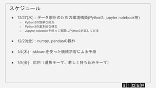 スケジュール
● 12/27(水)：データ解析のための環境構築(Python3, jupyter notebook等)
○ Python3の簡単な紹介
○ Python3の基本的な構文
○ Jupyter notebookを使って実際にPython3を試してみる
● 12/29(金)：numpy, pandasの操作
● 1/4(木)：sklearnを使った機械学習による予測
● 1/5(金)：応用（選択テーマ、若しく持ち込みテーマ）
 