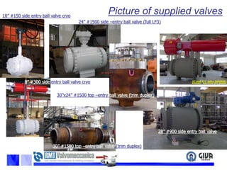 Picture of supplied valves10” #150 side entry ball valve cryo24” #1500 side –entry ball valve (full LF3)8” #300 side entry ball valve cryo30”x24” #1500 top –entry ball valve (trim duplex)28” #900 side entry ball valve30” #1500 top –entry ball valve (trim duplex)