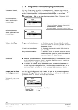 3.3.2
Programme horaire

Programme horaire et Zone programme horaire

A la ligne "Prog. horaire" on définit un régulateur comme "maître du programme horaire" et le reste des régulateurs comme "esclaves du programme horaire". Les régulateurs qui ne participent pas au programme horaire sont réglés sur "Autonome".
Menu principal > Mise en service > Communication > Pièce (Régulateur RMU)

Programme horaire =
Maître : Maître du programme horaire

Pièce
Zone géogr. (Appart.):
5
Progr. horaire:
Maître
Zone prog. horaire

1
Programmes horaires, régulateurs RMU et RMH
Réglage par défaut Autonome
Options de réglage

Programme horaire=
Esclave : Esclave du programme horaire

Pièce
Zone géogr. (Appart.):
7
Progr. horaire:
Esclave
Zone prog. horaire

Options de réglage

Autonome / Esclave / Maître

1

Programme horaire Autonome

Le régulateur ne reçoit ni transmet de données du
programme horaire (le régulateur possède son propre
programme horaire)
Le régulateur reçoit les données du programme horaire du maître.
Ce régulateur envoie au début de la période de commutation et ensuite toutes les 15 min les données du
programme horaire via le bus Konnex.

Programme horaire Esclave
Programme horaire Maître

Remarques

• Dans une "zone géographique", un seul régulateur Synco 700 peut assurer la fonction de "maître du programme horaire". Les autres régulateurs doivent être définis
comme esclaves ou réglés sur "Autonome".
• Le maître lit les données de son programme horaire (régime actuel et régime suivant) ou du programme vacances/jours d'exception (celui-ci étant prioritaire sur le
programme horaire normal) et les envoie aux esclaves de programme horaire.

Esclave de programme
horaire (appartement)

A la ligne de commande "Zone progr. horaire" on règle sur les esclaves l'adresse de
zone de la "Zone géo." du maître de programme. Ainsi les esclaves sont reliés au programme du maître (cf. adresse de zone=5 dans le maître).

Esclaves de programme
horaire

Pièce
Zone géogr. (Appart.):
7
Progr. horaire:
Esclave
Zone prog. horaire

1

Esclave de programme horaire, régulateurs RMU / RMH
Réglage par défaut
1
Options de réglage
1... 126

28/72
Siemens Building Technologies
HVAC Products

Communication via bus Konnex

CE1P3127fr
06.2004

 