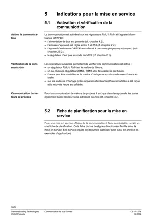 5

Indications pour la mise en service

5.1

Activation et vérification de la
communication

Activer la communication

La communication est activée si sur les régulateurs RMU / RMH et l'appareil d'ambiance QAW740 :
• l'alimentation de bus est présente (cf. chapitre 4.2),
• l'adresse d'appareil est réglée entre 1 et 253 (cf. chapitre 2.4),
• l'appareil d'ambiance QAW740 est affecté à une zone géographique (appart) (voir
chapitre 2.5.2),
• le régulateur n'est pas en mode de MES (cf. chapitre 2.1).

Vérification de la communication

Les opérations suivantes permettent de vérifier si la communication est active :
• un régulateur RMU / RMH est le maître de l'heure,
• un ou plusieurs régulateurs RMU / RMH sont des esclaves de l’heure,
• l'heure peut être modifiée sur le maître d'horloge ou synchronisée avec l'heure actuelle,
• sur les esclaves d'horloge (et les appareils d'ambiance) l'heure modifiée a été reçue
et la nouvelle heure est affichée.

Communication de valeurs de process

Pour la communication de valeurs de process il faut que dans les appareils les zones
également soient reliées via les adresses de zone (cf. chapitre 3.2).

5.2

Fiche de planification pour la mise en
service

Pour une mise en service efficace de la communication il faut, au préalable, remplir un
une fiche de planification. Cette fiche donne des lignes directrices et facilite ainsi la
mise en service. Elle servira ensuite de document justificatif (voir aussi en annexe les
exemples d’application).

50/72
Siemens Building Technologies
HVAC Products

Communication via bus Konnex

CE1P3127fr
06.2004

 