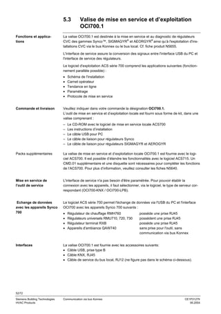 5.3
Fonctions et applications

Valise de mise en service et d’exploitation
OCI700.1

La valise OCI700.1 est destinée à la mise en service et au diagnostic de régulateurs
CVC des gammes Synco™, SIGMAGYR® et AEORGYR® ainsi qu’à l'exploitation d'installations CVC via le bus Konnex ou le bus local. Cf. fiche produit N5655.
L'interface de service assure la conversion des signaux entre l'interface USB du PC et
l'interface de service des régulateurs.
Le logiciel d'exploitation ACS série 700 comprend les applications suivantes (fonctionnement parallèle possible) :
•
•
•
•
•

Commande et livraison

Schéma de l'installation
Carnet opérateur
Tendance en ligne
Paramétrage
Protocole de mise en service

Veuillez indiquer dans votre commande la désignation OCI700.1.
L’outil de mise en service et d’exploitation locale est fourni sous forme de kit, dans une
valise comprenant :
–
–
–
–
–

Le CD-ROM avec le logiciel de mise en service locale ACS700
Les instructions d’installation
Le câble USB pour PC
Le câble de liaison pour régulateurs Synco
Le câble de liaison pour régulateurs SIGMAGYR et AEROGYR

Packs supplémentaires

La valise de mise en service et d’exploitation locale OCI700.1 est fournie avec le logiciel ACS700. Il est possible d’étendre les fonctionnalités avec le logiciel ACS715. Un
CMD.01 supplémentaire et une disquette sont nécessaires pour compléter les fonctions
de l’ACS700. Pour plus d’information, veuillez consulter les fiches N5640.

Mise en service de
l'outil de service

L'interface de service n'a pas besoin d'être paramétrée. Pour pouvoir établir la
connexion avec les appareils, il faut sélectionner, via le logiciel, le type de serveur correspondant (OCI700-KNX / OCI700-LPB).

Echange de données
avec les appareils Synco
700

Le logiciel ACS série 700 permet l'échange de données via l'USB du PC et l'interface
OCI700 avec les appareils Synco 700 suivants :

Interfaces

La valise OCI700.1 est fournie avec les accessoires suivants:
• Câble USB, prise type B
• Câble KNX, RJ45
• Câble de service du bus local, RJ12 (ne figure pas dans le schéma ci-dessous).

•
•
•
•

Régulateur de chauffage RMH760
Régulateurs universels RMU710, 720, 730
Régulateur terminal RXB
Appareils d'ambiance QAW740

possède une prise RJ45
possèdent une prise RJ45
possède une prise RJ45
sans prise pour l'outil, sans
communication via bus Konnex

52/72
Siemens Building Technologies
HVAC Products

Communication via bus Konnex

CE1P3127fr
06.2004

 