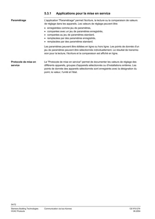5.3.1
Paramétrage

Applications pour la mise en service

L'application "Paramétrage" permet l'écriture, la lecture ou la comparaison de valeurs
de réglage dans les appareils. Les valeurs de réglage peuvent être
•
•
•
•
•

enregistrées comme jeu de paramètres,
comparées avec un jeu de paramètres enregistrés,
comparées au jeu de paramètres standard,
remplacées par des paramètres enregistrés,
remplacées par des paramètres standard.

Les paramètres peuvent être éditées en ligne ou hors ligne. Les points de donnée d'un
jeu de paramètres peuvent être sélectionnés individuellement. Le résultat de transmission pour la lecture, l'écriture et la comparaison est affiché en ligne.

Protocole de mise en
service

Le "Protocole de mise en service" permet de documenter les valeurs de réglage des
différents appareils, groupes d'appareils sélectionnés ou d'installations entières. Les
points de donnée des appareils sélectionnés sont enregistrés avec la désignation du
point, la valeur, l'unité et l'état.

54/72
Siemens Building Technologies
HVAC Products

Communication via bus Konnex

CE1P3127fr
06.2004

 