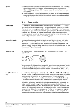 Résumé

• Le bus Konnex réunit les trois technologies de bus, EIB, BatiBUS et EHS. La technologie Konnex reprend les principales règles d'installation de la technologie EIB.
• Elle permet à des produits de différents constructeurs de communiquer entre eux
(Interworking).
• Synco utilise le bus Konnex pour transmettre les valeurs de process entre les appareils raccordés au bus ainsi que pour la mise en service et la commande à distance
avec l'outil de service.

1.1.1

Terminologie

Bus Konnex

Le bus Konnex utilisé par les appareils Synco est désigné par "Konnex TP1". La structure du bus Konnex repose sur celle de l'"European Installation Bus" (EIB). Le réseau
Konnex, dans sa forme la plus complète, possède une structure de trois niveaux et se
compose d'une ligne de zone d'où partent 15 lignes principales. A son tour, chacune de
ces lignes peut se ramifier en 15 autres lignes (niveau inférieur). Un réseau à trois
niveaux nécessite l'utilisation de coupleurs de lignes et de zones. En l'absence de coupleurs de ligne et de zone, le réseau se limite à une ligne.

Topologies du bus

Les topologies autorisées sont les suivantes : en arborescence, en ligne et en étoile.
Ces topologies peuvent être combinées librement entre elles. La topologie en anneau
est interdite. La topologie arborescente se révèle plus appropriée que les autres lorsque l'on souhaite réaliser un réseau relativement étendu (cf. fiche produit N3127 du bus
Konnex sous "Topologies de bus").

Câbles du bus

Le bus "Konnex TP1" est constitué d'une paire de conducteurs CE+ (rouge) et CE(noir) torsadée.

CE−

3127Z05

CE+

Synco et le bus Konnex autorisent l'utilisation de câbles non blindés. Les câbles de bus
blindés sont cependant recommandés si l'on doit s'attendre à des influences perturbatrices importantes. Pour plus d'informations, veuillez consulter la Fiche produit, 3127.

Procédure d'accès au
bus

Le bus Konnex utilise la procédure d'accès au bus CSMA/CA (CSMA = Carrier Sense
Multiple Access / CA= Collision Avoidance). Cette procédure d'accès donne les mêmes
droits à chaque participant au bus en ce qui concerne le transfert de données. Il
n'existe pas de maître de communication (contrairement au principe Maître/Esclave).
Les données entre les abonnés au bus sont échangées directement (Peer to Peer).
Si plusieurs appareils du bus cherchent simultanément à transmettre un message sur
le bus (multiple access), il s'agit d'éviter des collisions de données (collision avoidance). Un participant du bus reçoit la priorité d'envoi afin de pouvoir envoyer son télégramme en entier et correctement. Les autres appareils du bus interrompent alors leur
transmission et répètent leur message au bout d'un laps de temps d'attente. La procédure CSMA/CA permet d'obtenir des temps de réaction très courts si la capacité de
transmission (nombre de participants et d'événements) reste dans les limites admises.

6/72
Siemens Building Technologies
HVAC Products

Communication via bus Konnex

CE1P3127fr
06.2004

 