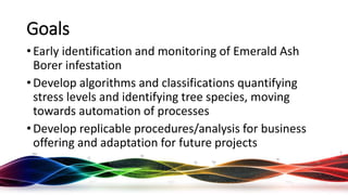 Goals
• Early identification and monitoring of Emerald Ash
Borer infestation
• Develop algorithms and classifications quantifying
stress levels and identifying tree species, moving
towards automation of processes
• Develop replicable procedures/analysis for business
offering and adaptation for future projects
Rocky Mountain UAS Meetup - 16 August 2017
 