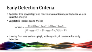 Early Detection Criteria
• Consider tree physiology and reaction to manipulate reflectance values
in useful analysis
• Vegetative Indices (Band Math)
• Looking for clues in chlorophyll, anthocyanin, & carotene for early
detection
Rocky Mountain UAS Meetup - 16 August 2017
 