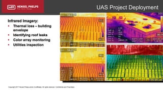 Copyright 2017 Hensel Phelps and/or its affiliates. All rights reserved. Confidential and Proprietary.
UAS Project Deployment
Infrared Imagery:
 Thermal loss – building
envelope
 Identifying roof leaks
 Color array monitoring
 Utilities inspection
 