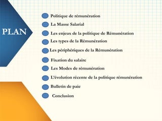 PLAN
Politique de rémunération
La Masse Salarial
Les enjeux de la politique de Rémunération
Les types de la Rémunération
Les périphériques de la Rémunération
Fixation du salaire
Les Modes de rémunération
L’évolution récente de la politique rémunération
Bulletin de paie
Conclusion
 