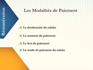 Rémunération
Les Modalités de Paiement
Le destinataire du salaire
Le moment du paiement
Le lieu du paiement
Le mode de paiement du salaire
 