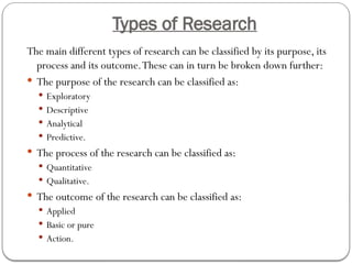 Types of Research
The main different types of research can be classified by its purpose, its
process and its outcome.These can in turn be broken down further:
 The purpose of the research can be classified as:
 Exploratory
 Descriptive
 Analytical
 Predictive.
 The process of the research can be classified as:
 Quantitative
 Qualitative.
 The outcome of the research can be classified as:
 Applied
 Basic or pure
 Action.
 