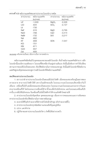 100 | เคมีสำหรับวิศวกร (02-411-103)
สมบัติของสารประกอบไอออนิก
1) สภาวะปกติ สารประกอบไอออนิกเป็นของแข็งไม่นาไฟฟ้า เมื่อหลอมเหลวหรืออยู่ในสภาพของ
สารละลาย สามารถนาไฟฟ้าได้ดี เพราะในผลึกของแข็ง ไอออนบวกและไอออนลบยึดเหนี่ยวกันไว้
แข็งแรง เคลื่อนที่ไม่ได้ แต่เมื่อหลอมเหลวเป็นของเหลว ไอออนบวกและไอออนลบแยกออกจากกันและ
สามารถเคลื่อนที่ได้ โดยไอออนบวกเคลื่อนที่เข้าหาขั้วลบเพื่อรับอิเล็กตรอน และไอออนลบเคลื่อนที่เข้า
หาขั้วบวกเพื่อให้อิเล็กตรอน จึงเคลื่อนที่ไปยังขั้วไฟฟ้าทาให้กระแสไฟฟ้าไหลผ่านได้
2) สารประกอบไอออนิกมีจุดเดือด จุดหลอมเหลวสูง เนื่องจากการหลอมเหลวและการเดือดของ
สารประกอบไอออนิกต้องใช้พลังงานในการสลายพันธะสูง
3) ละลายได้ดีในตัวทาละลายที่มีค่าคงตัวไดอิเล็กตริกสูง (ตัวทาละลายมีขั้ว) แสดงดังภาพที่ 4.9
(กลไกการละลายของเกลือไอออนิกอธิบายในเรื่องสารละลาย หน่วยเรียนที่ 5)
4) สารประกอบไอออนิกทุกชนิดมีสถานะของแข็งที่อุณหภูมิห้อง
5) เปราะ แตกหักง่าย เนื่องจากเกิดแรงผลักกันระหว่างประจุที่เหมือนกัน แสดงดังภาพที่ 4.10
6) ปฏิกิริยาของสารประกอบไอออนิกใดๆ เกิดขึ้นได้อย่างรวดเร็ว เช่นการละลาย และการ
ตกตะกอน
ภาพที่ 4.9 แสดงการละลายของผลึกไอออนิกในน้า
ที่มา: ดัดแปลงจาก http://chewtychem.wiki.hci.edu.sg
ภาพที่ 4.10 แสดงการเปราะและการแตกหักง่ายของผลึกไอออนิก
ที่มา: ดัดแปลงจาก http://chewtychem.wiki.hci.edu.sg
 