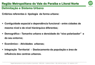 Região Metropolitana do Vale do Paraíba e Litoral Norte
Delimitação e Sistema Urbano
Critérios referentes à tipologia da forma urbana:


 Contiguidade espacial e dependência funcional - entre cidades de
  mesmo nível e de nível hierárquico diferentes;

 Demográfico - Tamanho urbano e densidade do “eixo polarizador” e
  do seu entorno;

 Econômico - Atividades urbanas;

 Integração Territorial - Deslocamento da população e área de
  influência dos centros urbanos.


       Região Metropolitana do Vale do Paraíba e Litoral Norte – EMPLASA – Audiência Pública – São José dos Campos – 23 / setembro / 2011
 