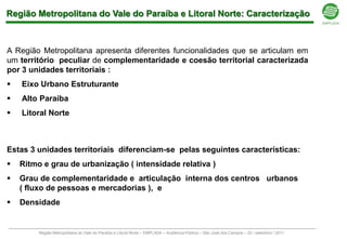 Região Metropolitana do Vale do Paraíba e Litoral Norte: Caracterização



A Região Metropolitana apresenta diferentes funcionalidades que se articulam em
um território peculiar de complementaridade e coesão territorial caracterizada
por 3 unidades territoriais :
   Eixo Urbano Estruturante
   Alto Paraíba
   Litoral Norte



Estas 3 unidades territoriais diferenciam-se pelas seguintes características:
   Ritmo e grau de urbanização ( intensidade relativa )
   Grau de complementaridade e articulação interna dos centros urbanos
    ( fluxo de pessoas e mercadorias ), e
   Densidade


         Região Metropolitana do Vale do Paraíba e Litoral Norte – EMPLASA – Audiência Pública – São José dos Campos – 23 / setembro / 2011
 