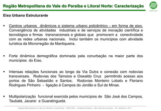 Região Metropolitana do Vale do Paraíba e Litoral Norte: Caracterização

Eixo Urbano Estruturante

   Centros urbanos dinâmicos e sistema urbano policêntrico - em forma de eixo.
    Convergência de atividades industriais e de serviços de inovação científica e
    tecnológica e firmas transnacionais e globais que promovem a conectividade
    com as redes urbanas nacionais. Inclui também os municípios com atividade
    turística da Microrregião da Mantiqueira.


   Forte dinâmica demográfica dominada pela conurbação na maior parte dos
    municípios do Eixo.


   Intensas relações funcionais ao longo da Via Dutra e conexão com rodovias
    transversais. Rodovias dos Tamoios e Oswaldo Cruz permitindo acesso aos
    portos de São Sebastião e Santos; Rodovias Monteiro Lobato e Floriano
    Rodrigues Pinheiro - ligação à Campos do Jordão e Sul de Minas.


   Multipolarização funcional exercida pelos municípios de São José dos Campos,
    Taubaté, Jacareí e Guaratinguetá.
         Região Metropolitana do Vale do Paraíba e Litoral Norte – EMPLASA – Audiência Pública – São José dos Campos – 23 / setembro / 2011
 