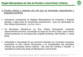 Região Metropolitana do Vale do Paraíba e Litoral Norte: Critérios


3. Funções urbanas e regionais com alto grau de diversidade, especialização e
   integração econômica.


   Indicadores comparáveis às Regiões Metropolitanas de Campinas e Baixada
    Santista, e altas taxas de crescimento populacional e grau de urbanização no
    Eixo Urbano Estruturante ( Via Pres. Dutra ).

   Os Municípios articulam-se ao Eixo Urbano Estruturante, revelando
    relacionamento funcional, conurbação ao longo da Via Pres. Dutra, cujos centros
    Urbanos polarizam os municípios das unidades territoriais: Alto Paraíba e Litoral
    Norte.


   Intensidade e diversidade de sua economia baseada nos municípios industriais
    localizados no Eixo Urbano Estruturante e na complexidade das atividades
    urbanas dos principais centros urbanos - São José dos Campos e Taubaté - e
    importância turística das áreas da Mantiqueira e Litoral Norte.


         Região Metropolitana do Vale do Paraíba e Litoral Norte – EMPLASA – Audiência Pública – São José dos Campos – 23 / setembro / 2011
 