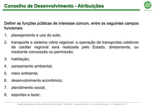 Conselho de Desenvolvimento - Atribuições


Definir as funções públicas de interesse comum, entre os seguintes campos
funcionais:
1. planejamento e uso do solo;
2. transporte e sistema viário regional: a operação de transportes coletivos
   de caráter regional será realizada pelo Estado, diretamente, ou
   mediante concessão ou permissão;
3. habitação;
4. saneamento ambiental;
5. meio ambiente;
6. desenvolvimento econômico;
7. atendimento social;
8. esportes e lazer;

       Região Metropolitana do Vale do Paraíba e Litoral Norte – EMPLASA – Audiência Pública – São José dos Campos – 23 / setembro / 2011
 