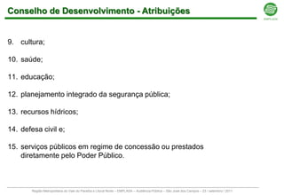 Conselho de Desenvolvimento - Atribuições


9. cultura;

10. saúde;

11. educação;

12. planejamento integrado da segurança pública;

13. recursos hídricos;

14. defesa civil e;

15. serviços públicos em regime de concessão ou prestados
    diretamente pelo Poder Público.



        Região Metropolitana do Vale do Paraíba e Litoral Norte – EMPLASA – Audiência Pública – São José dos Campos – 23 / setembro / 2011
 