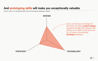 AFTER ALL, NOT ALL CT’S ARE CREATED EQUAL NOR DO THEY HAVE EQUAL FOUNDATIONAL TRAINING
And prototyping skills will make you exceptionally valuable
12
STRATEGY
DESIGN
TECHNOLOGY
If you can bring your designs to
life there are many product design
positions outside the industry that
will put your skills to the best use.
Or, of course, the existing
developer positions.
 