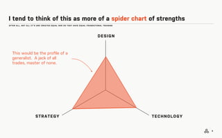 AFTER ALL, NOT ALL CT’S ARE CREATED EQUAL NOR DO THEY HAVE EQUAL FOUNDATIONAL TRAINING
I tend to think of this as more of a spider chart of strengths
8
STRATEGY
DESIGN
TECHNOLOGY
This would be the proﬁle of a
generalist. A jack of all
trades, master of none.
 