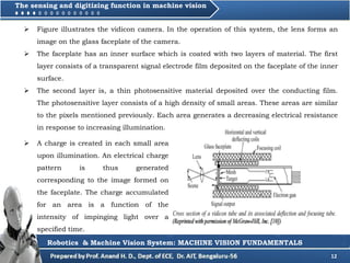 12
 Figure illustrates the vidicon camera. In the operation of this system, the lens forms an
image on the glass faceplate of the camera.
 The faceplate has an inner surface which is coated with two layers of material. The first
layer consists of a transparent signal electrode film deposited on the faceplate of the inner
surface.
 The second layer is, a thin photosensitive material deposited over the conducting film.
The photosensitive layer consists of a high density of small areas. These areas are similar
to the pixels mentioned previously. Each area generates a decreasing electrical resistance
in response to increasing illumination.
Robotics & Machine Vision System: MACHINE VISION FUNDAMENTALS
 A charge is created in each small area
upon illumination. An electrical charge
pattern is thus generated
corresponding to the image formed on
the faceplate. The charge accumulated
for an area is a function of the
intensity of impinging light over a
specified time.
The sensing and digitizing function in machine vision
 