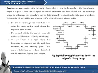 33
Image processing and Analysis
Robotics & Machine Vision System: MACHINE VISION FUNDAMENTALS
 For the binary image, the procedure is to
scan the image until a pixel within the
region is encountered.
 For a pixel within the region, turn left
and step, otherwise, turn right and step.
 The procedure is stopped when the
boundary is traversed and the path has
returned to the starting pixel. The
contour-following procedure described
can be extended to gray level images.
Edge detection considers the intensity change that occurs in the pixels at the boundary or
edges of a part. Given that a region of similar attributes has been found but the boundary
shape is unknown, the boundary can be determined by a simple edge following procedure.
This can be illustrated by the schematic of a binary image as shown in Fig.
Fig. Edge following procedure to detect the
edge of a binary image
 