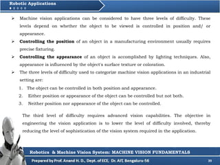 39
Robotic Applications
Robotics & Machine Vision System: MACHINE VISION FUNDAMENTALS
1. The object can be controlled in both position and appearance.
2. Either position or appearance of the object can be controlled but not both.
3. Neither position nor appearance of the object can be controlled.
 Machine vision applications can be considered to have three levels of difficulty. These
levels depend on whether the object to be viewed is controlled in position and/ or
appearance.
 Controlling the position of an object in a manufacturing environment usually requires
precise fixturing.
 Controlling the appearance of an object is accomplished by lighting techniques. Also,
appearance is influenced by the object's surface texture or coloration.
 The three levels of difficulty used to categorize machine vision applications in an industrial
setting are:
The third level of difficulty requires advanced vision capabilities. The objective in
engineering the vision application is to lower the level of difficulty involved, thereby
reducing the level of sophistication of the vision system required in the application.
 
