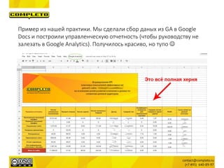 Пример из нашей практики. Мы сделали сбор даных из GA в Google
Docs и построили управленческую отчетность (чтобы руководству не
залезать в Google Analytics). Получилось красиво, но тупо 
 