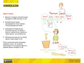 Заказ с сайта.
1. Данные по клиенту автоматически
попадают в CRM систему и в UA.
2. Автоматически заказу
присваивается статус сделки –
“неподтвержденный заказ”.
3. Связывается оператор для
уточнения данных по заказу и
клиенту, меняя статус сделки на
“заказ принят” или отменяя его.
4. Обновленные данные по статусу
сделки также уходят в UA.
После получения денег менеджер
изменяет статус на “успешно
реализовано” и эти данные вместе с
суммой сделки попадают в UA.
 