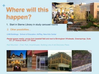 +


    1. Start in Sterne Library in study carousel rooms

    2. Other possibilities…
    -UAB Buildings: School of Education, ArtPlay, New Arts Center

    -Rental spaces nearby: across from baseball field and next to Birmingham Wholesale, Greensprings, Suite
       121, 2nd Avenue North, 21st Street

    -Red Mountain: (Trail, Park, Amphitheater, Building) site of old Discovery Place
 