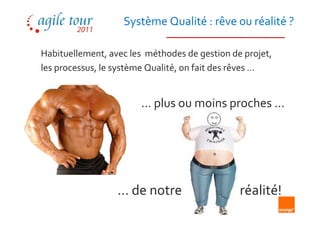 Système Qualité : rêve ou réalité ?

Habituellement, avec les méthodes de gestion de projet,
les processus, le système Qualité, on fait des rêves …


                       … plus ou moins proches …




                  … de notre                   réalité!
 