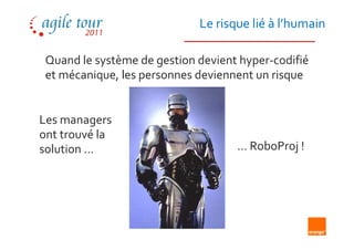 Le risque lié à l’humain

 Quand le système de gestion devient hyper-codifié
 et mécanique, les personnes deviennent un risque


Les managers
ont trouvé la
solution …                          … RoboProj !
 