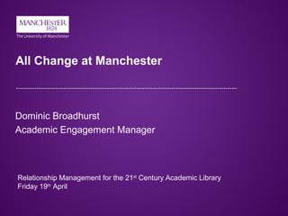 All Change at Manchester
Dominic Broadhurst
Academic Engagement Manager
Relationship Management for the 21st
Century Academic Library
Friday 19th
April
 