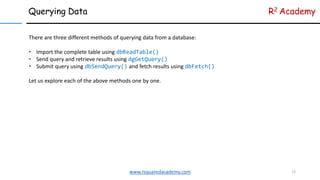 Querying Data R2 Academy
www.rsquaredacademy.com 13
There are three different methods of querying data from a database:
• ...