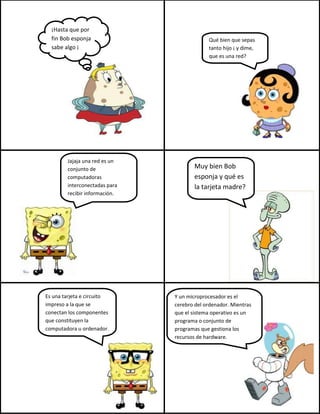 ¡Hasta que por
fin Bob esponja
sabe algo ¡
Qué bien que sepas
tanto hijo ¡ y dime,
que es una red?
Jajaja una red es un
conjunto de
computadoras
interconectadas para
recibir información.
Muy bien Bob
esponja y qué es
la tarjeta madre?
Es una tarjeta e circuito
impreso a la que se
conectan los componentes
que constituyen la
computadora u ordenador.
Y un microprocesador es el
cerebro del ordenador. Mientras
que el sistema operativo es un
programa o conjunto de
programas que gestiona los
recursos de hardware.
 