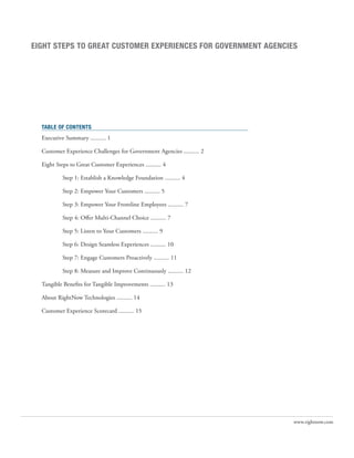 EIGHT STEPS TO GREAT CUSTOMER EXPERIENCES FOR GOVERNMENT AGENCIES




  TABLE OF CONTENTS
  Executive Summary .......... 1

  Customer Experience Challenges for Government Agencies .......... 2

  Eight Steps to Great Customer Experiences .......... 4

           Step 1: Establish a Knowledge Foundation .......... 4

           Step 2: Empower Your Customers .......... 5

           Step 3: Empower Your Frontline Employees .......... 7

           Step 4: Offer Multi-Channel Choice .......... 7

           Step 5: Listen to Your Customers .......... 9

           Step 6: Design Seamless Experiences .......... 10

           Step 7: Engage Customers Proactively .......... 11

           Step 8: Measure and Improve Continuously .......... 12

  Tangible Benefits for Tangible Improvements .......... 13

  About RightNow Technologies .......... 14

  Customer Experience Scorecard .......... 15




                                                                        www.rightnow.com
 
