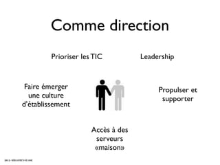 Comme direction
                          Prioriser les TIC          Leadership


               Faire émerger                              Propulser et
                une culture                                supporter
              d’établissement


                                       Accès à des
                                        serveurs
                                        «maison»
2012 - SÉBASTIEN STASSE
 