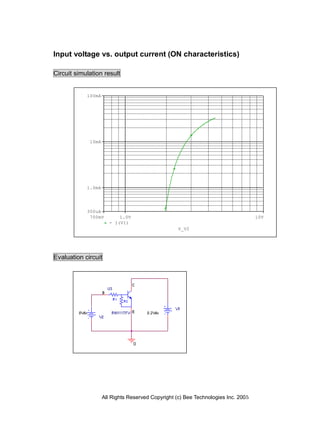 Input voltage vs. output current (ON characteristics)

Circuit simulation result


            100mA




             10mA




            1.0mA




            300uA
             700mV         1.0V                                                    10V
                       - I(V1)
                                                   V_V2




Evaluation circuit




                    All Rights Reserved Copyright (c) Bee Technologies Inc. 2005
 