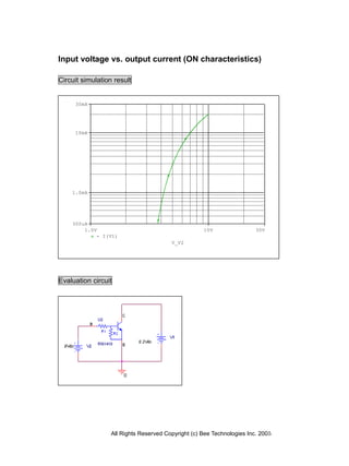 All Rights Reserved Copyright (c) Bee Technologies Inc. 2005
Input voltage vs. output current (ON characteristics)
Circuit simulation result
Evaluation circuit
V_V2
1.0V 10V 30V
- I(V1)
1.0mA
10mA
300uA
30mA
 