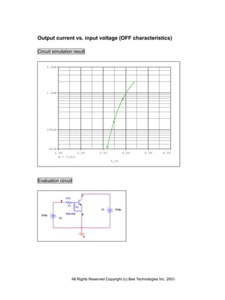 All Rights Reserved Copyright (c) Bee Technologies Inc. 2005
Output current vs. input voltage (OFF characteristics)
Circuit simulation result
Evaluation circuit
V_V2
1.0V 2.0V 3.0V 4.0V 5.0V 6.0V
- I(V1)
100uA
1.0mA
30uA
5.0mA
 