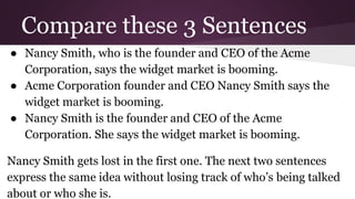 Compare these 3 Sentences 
● Nancy Smith, who is the founder and CEO of the Acme 
Corporation, says the widget market is booming. 
● Acme Corporation founder and CEO Nancy Smith says the 
widget market is booming. 
● Nancy Smith is the founder and CEO of the Acme 
Corporation. She says the widget market is booming. 
Nancy Smith gets lost in the first one. The next two sentences 
express the same idea without losing track of who’s being talked 
about or who she is. 
