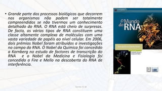• Grande parte dos processos biológicos que decorrem
nos organismos não podem ser totalmente
compreendidos se não tivermos um conhecimento
detalhado do RNA. O RNA está cheio de surpresas.
De facto, os vários tipos de RNA constituem uma
classe altamente complexa de moléculas com uma
vasta variedade de papéis ao nível celular. Em 2006,
dois prémios Nobel foram atribuídos a investigações
no campo do RNA. O Nobel da Química foi concedido
a Kornberg no estudo de factores de transcrição do
RNA e o Nobel da Medicina e Fisiologia foi
concedido a Fire e Mello na descoberta do RNA de
interferência.
Correia 15-16