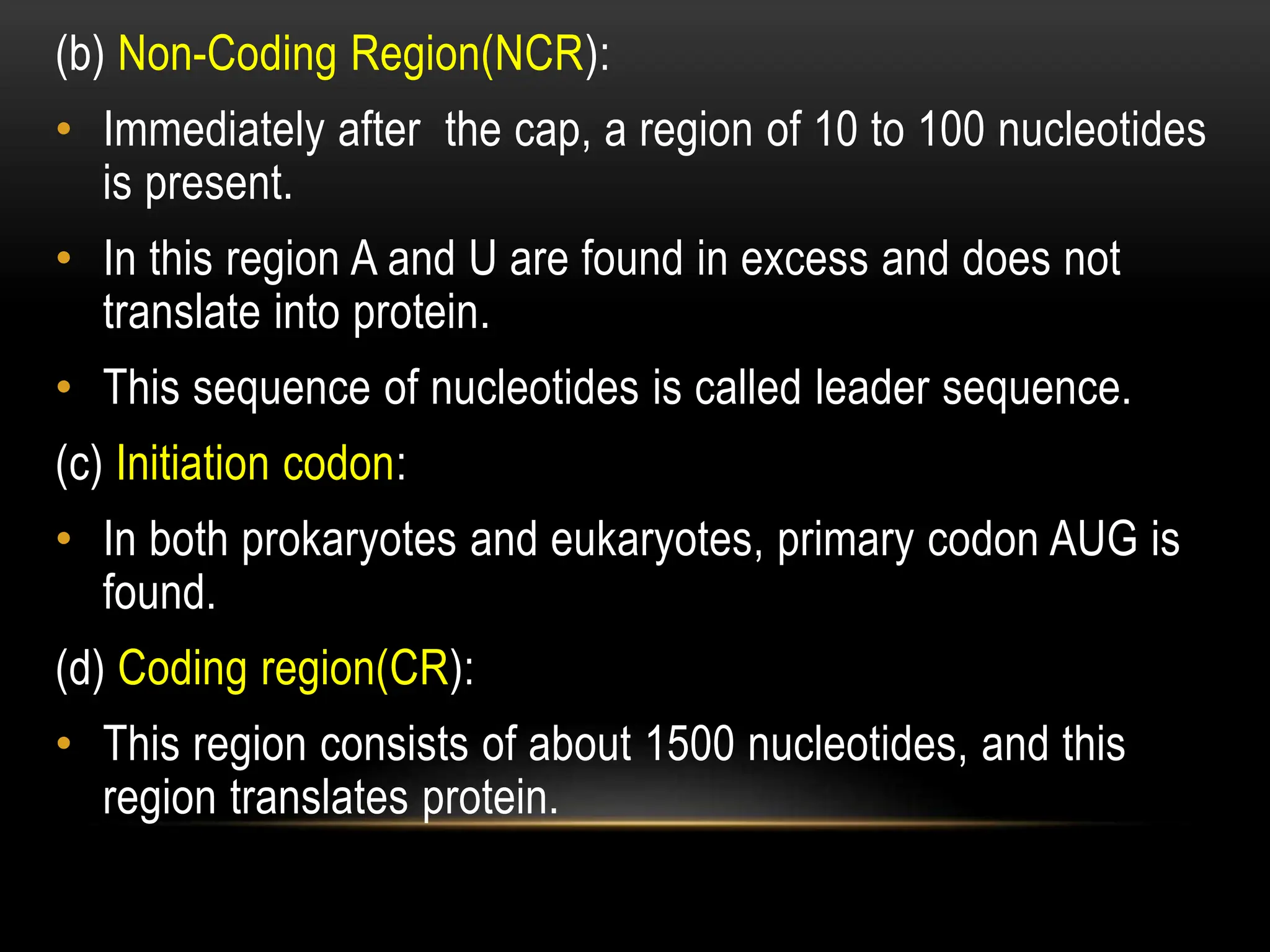 (b) Non-Coding Region(NCR):
• Immediately after the cap, a region of 10 to 100 nucleotides
is present.
• In this region A and U are found in excess and does not
translate into protein.
• This sequence of nucleotides is called leader sequence.
(c) Initiation codon:
• In both prokaryotes and eukaryotes, primary codon AUG is
found.
(d) Coding region(CR):
• This region consists of about 1500 nucleotides, and this
region translates protein.
 