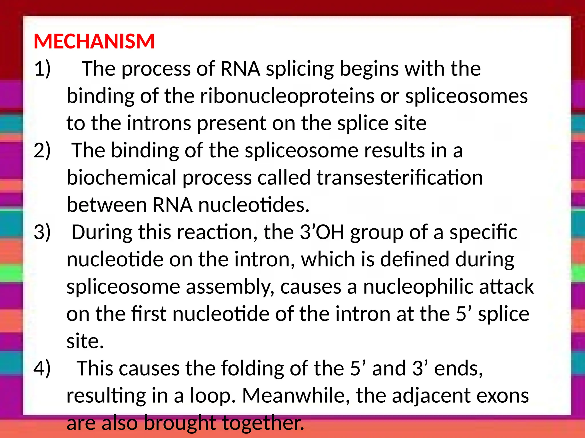 MECHANISM
1) The process of RNA splicing begins with the
binding of the ribonucleoproteins or spliceosomes
to the introns present on the splice site
2) The binding of the spliceosome results in a
biochemical process called transesterification
between RNA nucleotides.
3) During this reaction, the 3’OH group of a specific
nucleotide on the intron, which is defined during
spliceosome assembly, causes a nucleophilic attack
on the first nucleotide of the intron at the 5’ splice
site.
4) This causes the folding of the 5’ and 3’ ends,
resulting in a loop. Meanwhile, the adjacent exons
are also brought together.
 