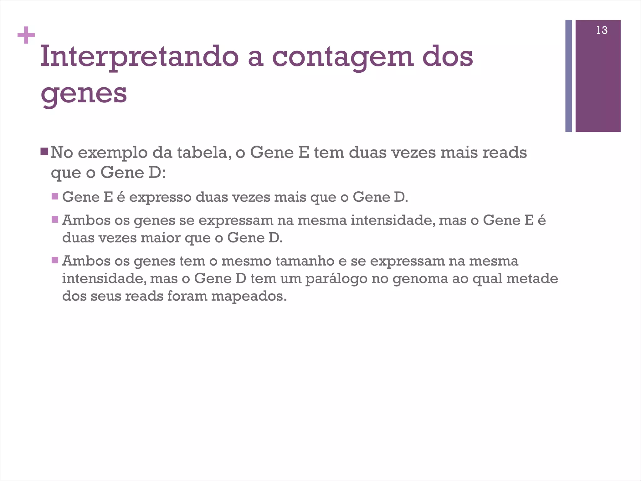 +                                                                           13

    Interpretando a contagem dos
    genes
    n No
        exemplo da tabela, o Gene E tem duas vezes mais reads
     que o Gene D:
     n Gene   E é expresso duas vezes mais que o Gene D.
     n Ambos os genes se expressam na mesma intensidade, mas o Gene E é
       duas vezes maior que o Gene D.
     n Ambos  os genes tem o mesmo tamanho e se expressam na mesma
       intensidade, mas o Gene D tem um parálogo no genoma ao qual metade
       dos seus reads foram mapeados.
 