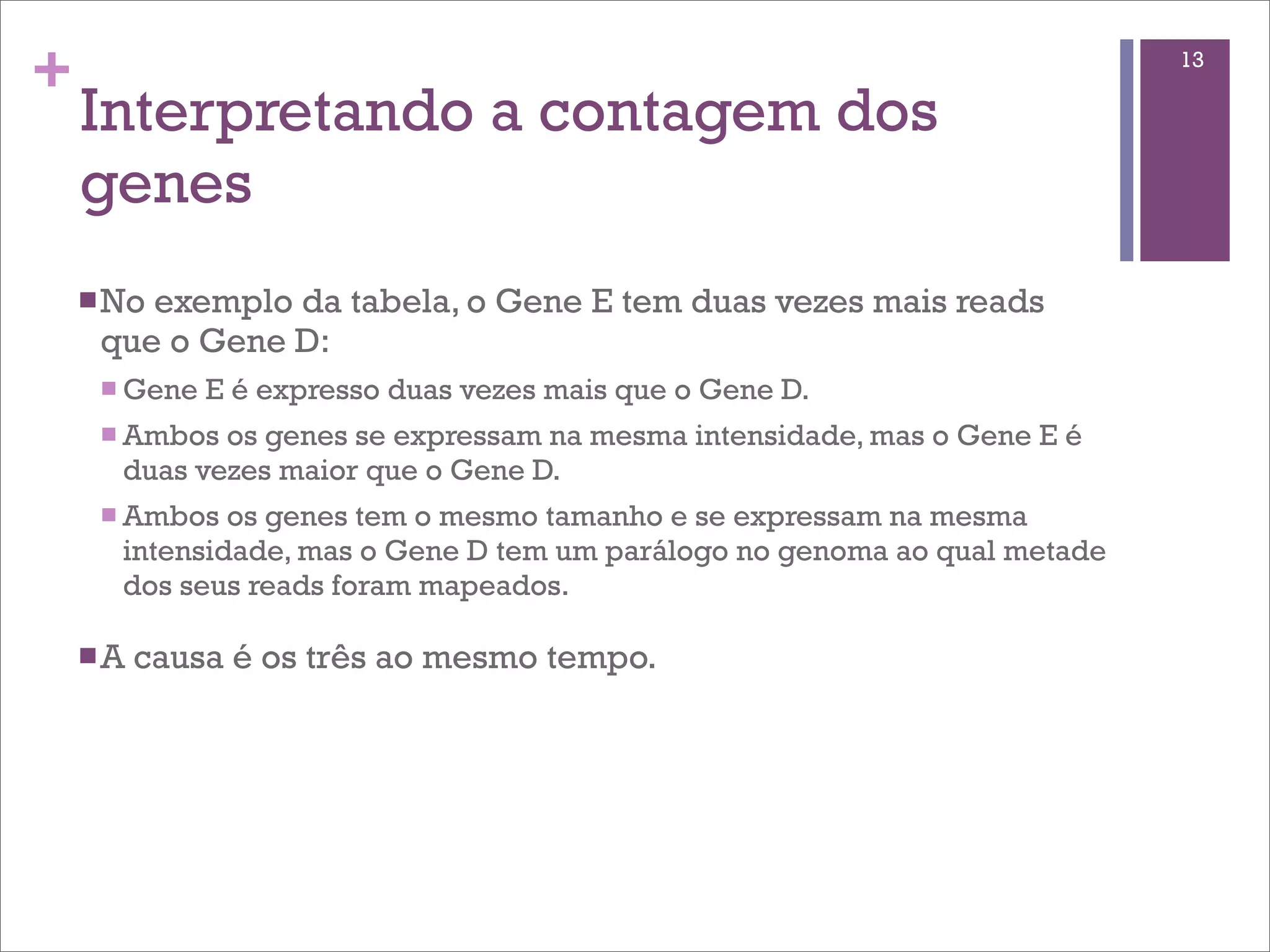 +                                                                           13

    Interpretando a contagem dos
    genes
    n No
        exemplo da tabela, o Gene E tem duas vezes mais reads
     que o Gene D:
     n Gene   E é expresso duas vezes mais que o Gene D.
     n Ambos os genes se expressam na mesma intensidade, mas o Gene E é
       duas vezes maior que o Gene D.
     n Ambos  os genes tem o mesmo tamanho e se expressam na mesma
       intensidade, mas o Gene D tem um parálogo no genoma ao qual metade
       dos seus reads foram mapeados.

    n A   causa é os três ao mesmo tempo.
 