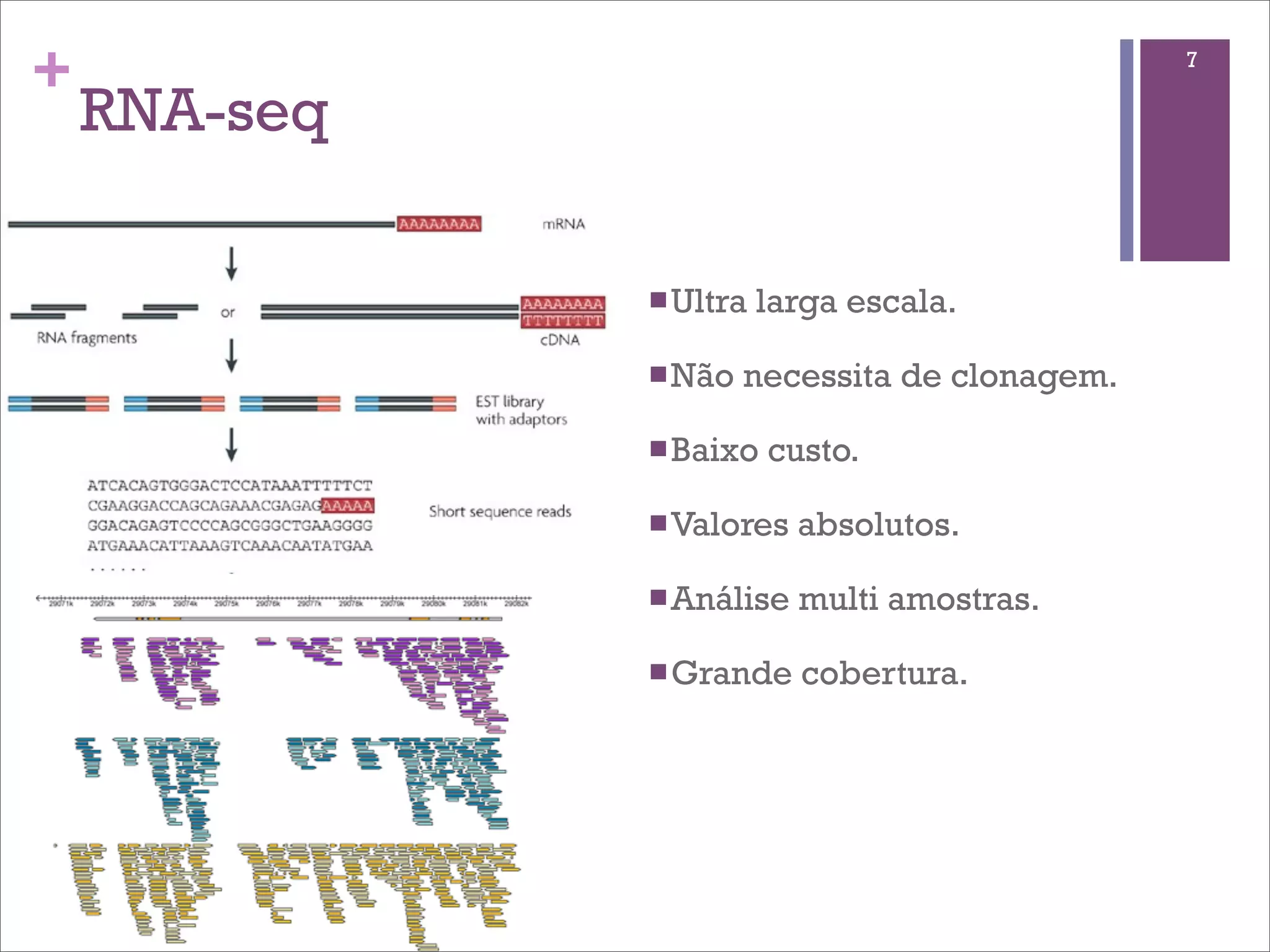 +                                               7

    RNA-seq

              n Ultra   larga escala.

              n Não   necessita de clonagem.

              n Baixo   custo.

              n Valores   absolutos.

              n Análise   multi amostras.

              n Grande    cobertura.
 