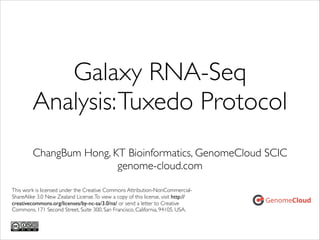 Galaxy RNA-Seq
Analysis: Tuxedo Protocol
ChangBum Hong, KT Bioinformatics, GenomeCloud SCIC	

genome-cloud.com
This work is licensed under the Creative Commons Attribution-NonCommercialShareAlike 3.0 New Zealand License. To view a copy of this license, visit http://
creativecommons.org/licenses/by-nc-sa/3.0/nz/ or send a letter to Creative
Commons, 171 Second Street, Suite 300, San Francisco, California, 94105, USA.

 