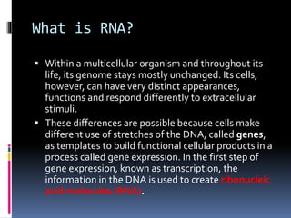 What is RNA?
 Within a multicellular organism and throughout its
life, its genome stays mostly unchanged. Its cells,
however, can have very distinct appearances,
functions and respond differently to extracellular
stimuli.
 These differences are possible because cells make
different use of stretches of the DNA, called genes,
as templates to build functional cellular products in a
process called gene expression. In the first step of
gene expression, known as transcription, the
information in the DNA is used to create ribonucleic
acid molecules (RNA).
 