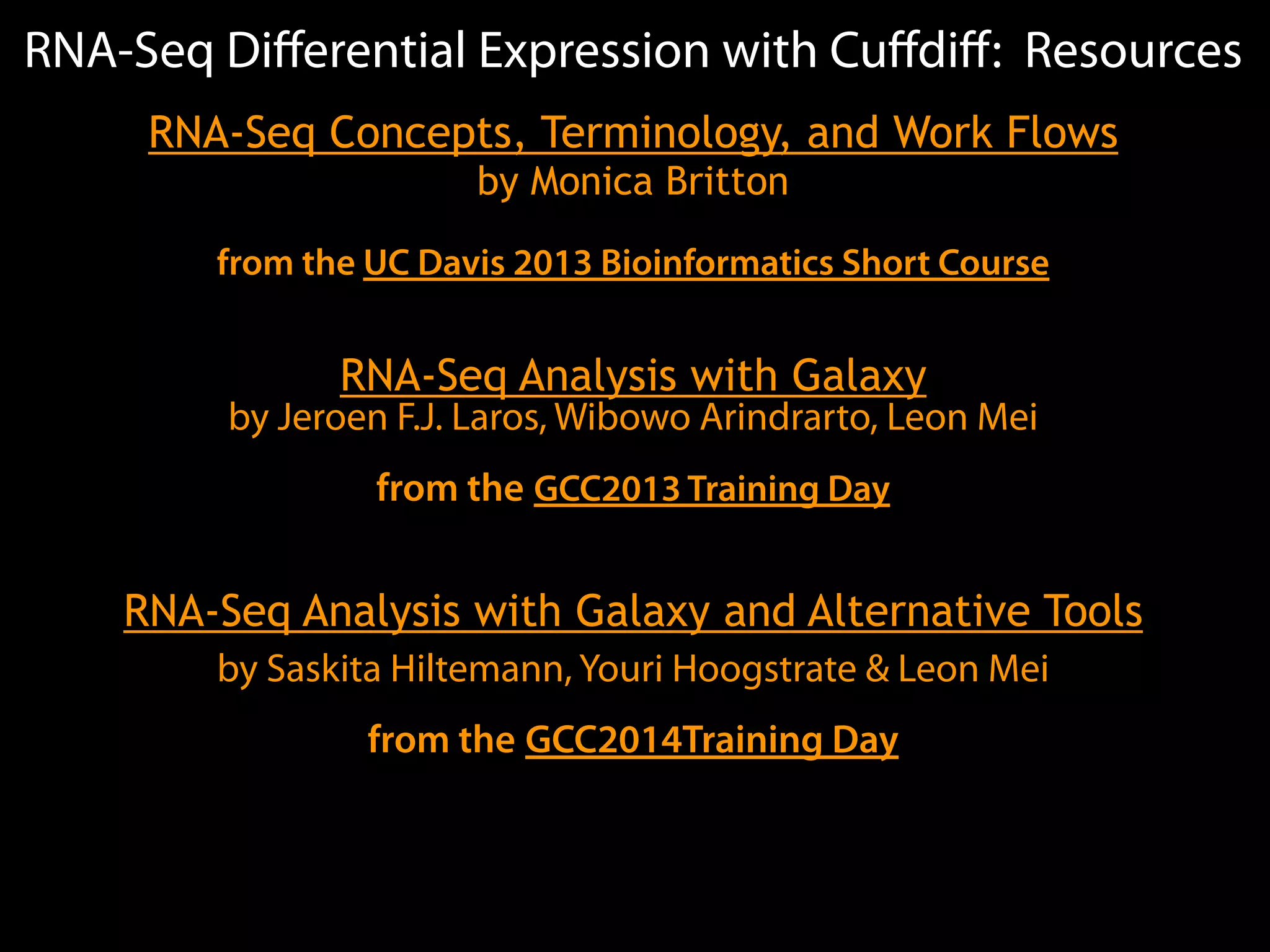 RNA-Seq Diﬀerential Expression with Cuﬀdiﬀ: Resources
RNA-Seq Concepts, Terminology, and Work Flows
by Monica Britton
from the UC Davis 2013 Bioinformatics Short Course
RNA-Seq Analysis with Galaxy
by Jeroen F.J. Laros, Wibowo Arindrarto, Leon Mei
from the GCC2013 Training Day
RNA-Seq Analysis with Galaxy and Alternative Tools
by Saskita Hiltemann, Youri Hoogstrate & Leon Mei
from the GCC2014Training Day
 