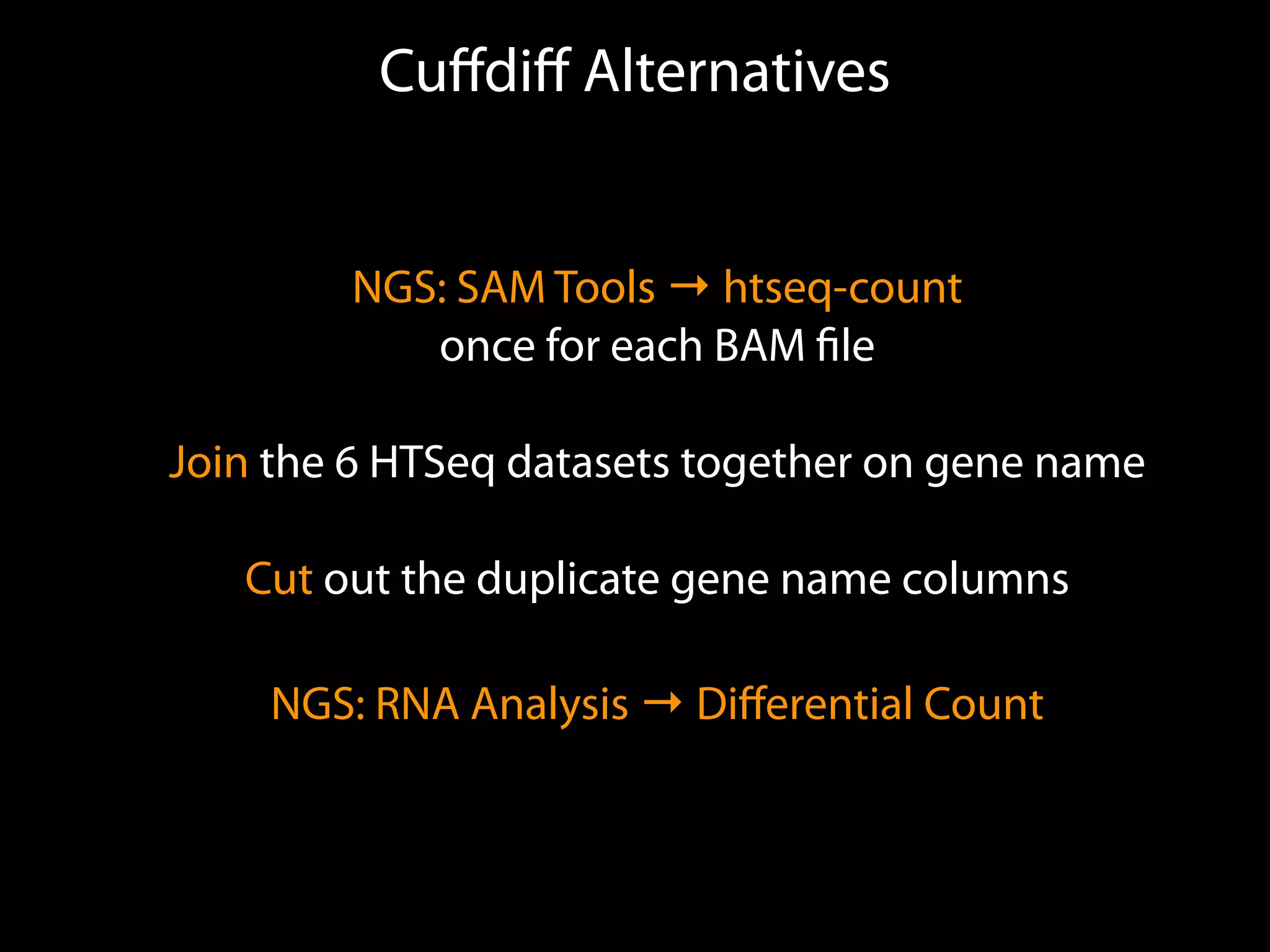 Cuﬀdiﬀ Alternatives
NGS: SAM Tools → htseq-count
once for each BAM ﬁle
Join the 6 HTSeq datasets together on gene name
Cut out the duplicate gene name columns
NGS: RNA Analysis → Diﬀerential Count
 