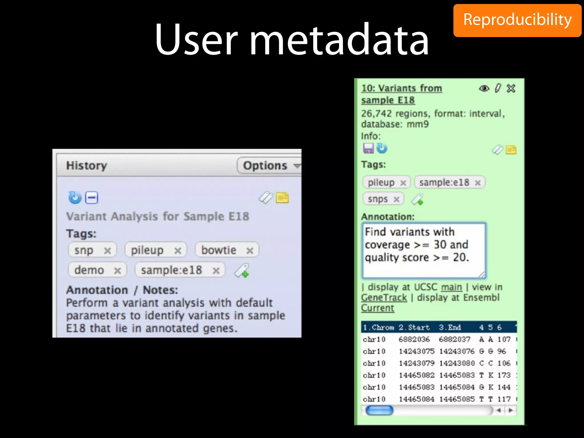 User metadata
Reproducibility
 